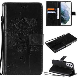 For Samsung Galaxy S21 5G Tree & Cat Pattern Pressed Printing Horizontal Flip PU Leather Case with Holder & Card Slots & Wallet & Lanyard(Black)