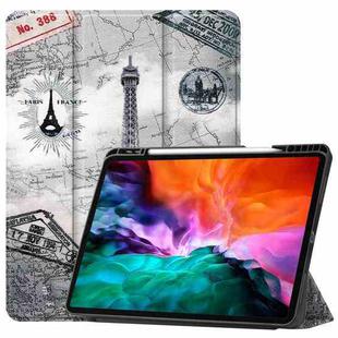 For iPad Pro 12.9 2022 / 2021 Colored Drawing Horizontal Flip TPU + PU Leather Tablet Case with Three-folding Holder & Sleep / Wake-up Function & Pen Slot(Eiffel Tower)