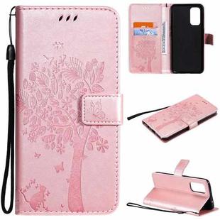 For OPPO Reno5 5G Tree & Cat Pattern Pressed Printing Horizontal Flip PU Leather Case with Holder & Card Slots & Wallet & Lanyard(Rose Gold)