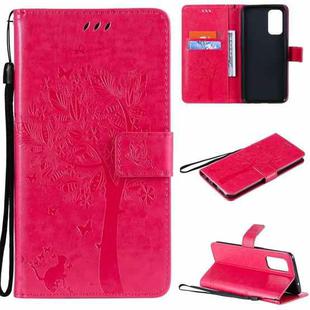 For OPPO Reno5 5G Tree & Cat Pattern Pressed Printing Horizontal Flip PU Leather Case with Holder & Card Slots & Wallet & Lanyard(Rose Red)