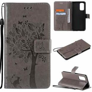 For OPPO Reno5 5G Tree & Cat Pattern Pressed Printing Horizontal Flip PU Leather Case with Holder & Card Slots & Wallet & Lanyard(Gray)