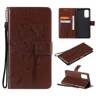 For OPPO Reno5 Pro 5G Tree & Cat Pattern Pressed Printing Horizontal Flip PU Leather Case with Holder & Card Slots & Wallet & Lanyard(Coffee)