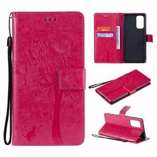 For OPPO Reno5 Pro 5G Tree & Cat Pattern Pressed Printing Horizontal Flip PU Leather Case with Holder & Card Slots & Wallet & Lanyard(Rose Red)