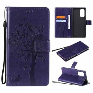 For OPPO Reno5 Pro 5G Tree & Cat Pattern Pressed Printing Horizontal Flip PU Leather Case with Holder & Card Slots & Wallet & Lanyard(Purple)