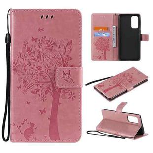 For OPPO Reno5 Pro 5G Tree & Cat Pattern Pressed Printing Horizontal Flip PU Leather Case with Holder & Card Slots & Wallet & Lanyard(Pink)