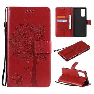 For OPPO Reno5 Pro 5G Tree & Cat Pattern Pressed Printing Horizontal Flip PU Leather Case with Holder & Card Slots & Wallet & Lanyard(Red)