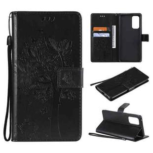 For OPPO Reno5 Pro 5G Tree & Cat Pattern Pressed Printing Horizontal Flip PU Leather Case with Holder & Card Slots & Wallet & Lanyard(Black)