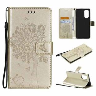 For OPPO Reno5 Pro 5G Tree & Cat Pattern Pressed Printing Horizontal Flip PU Leather Case with Holder & Card Slots & Wallet & Lanyard(Gold)