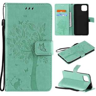 For OPPO A73 5G Tree & Cat Pattern Pressed Printing Horizontal Flip PU Leather Case with Holder & Card Slots & Wallet & Lanyard(Green)