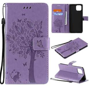 For OPPO A73 5G Tree & Cat Pattern Pressed Printing Horizontal Flip PU Leather Case with Holder & Card Slots & Wallet & Lanyard(Light Purple)