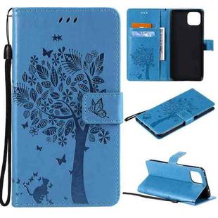 For OPPO A73 5G Tree & Cat Pattern Pressed Printing Horizontal Flip PU Leather Case with Holder & Card Slots & Wallet & Lanyard(Blue)