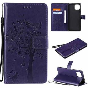 For OPPO A73 5G Tree & Cat Pattern Pressed Printing Horizontal Flip PU Leather Case with Holder & Card Slots & Wallet & Lanyard(Purple)