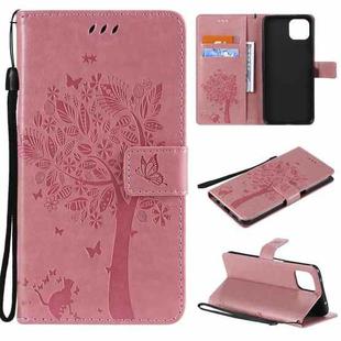 For OPPO A73 5G Tree & Cat Pattern Pressed Printing Horizontal Flip PU Leather Case with Holder & Card Slots & Wallet & Lanyard(Pink)