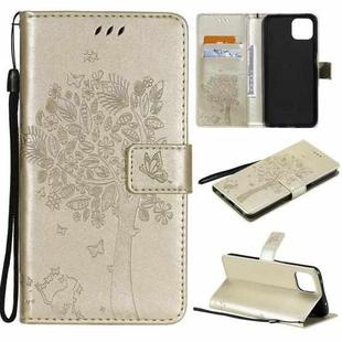 For OPPO A73 5G Tree & Cat Pattern Pressed Printing Horizontal Flip PU Leather Case with Holder & Card Slots & Wallet & Lanyard(Gold)