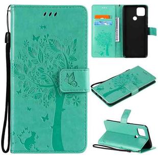 For OPPO A15 Tree & Cat Pattern Pressed Printing Horizontal Flip PU Leather Case with Holder & Card Slots & Wallet & Lanyard(Green)