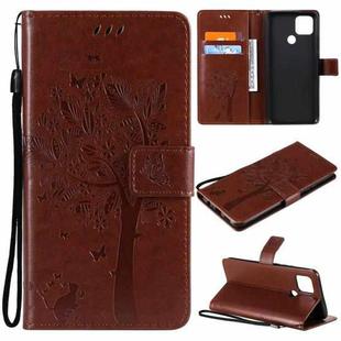 For OPPO A15 Tree & Cat Pattern Pressed Printing Horizontal Flip PU Leather Case with Holder & Card Slots & Wallet & Lanyard(Coffee)
