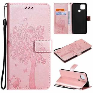 For OPPO A15 Tree & Cat Pattern Pressed Printing Horizontal Flip PU Leather Case with Holder & Card Slots & Wallet & Lanyard(Rose Gold)