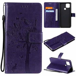 For OPPO A15 Tree & Cat Pattern Pressed Printing Horizontal Flip PU Leather Case with Holder & Card Slots & Wallet & Lanyard(Purple)