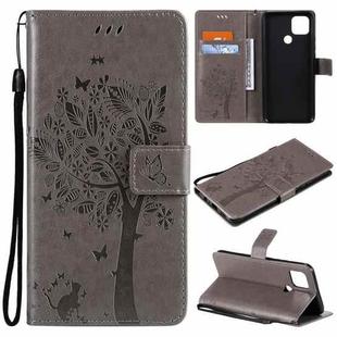 For OPPO A15 Tree & Cat Pattern Pressed Printing Horizontal Flip PU Leather Case with Holder & Card Slots & Wallet & Lanyard(Gray)