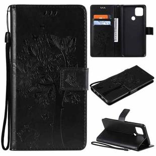 For OPPO A15 Tree & Cat Pattern Pressed Printing Horizontal Flip PU Leather Case with Holder & Card Slots & Wallet & Lanyard(Black)