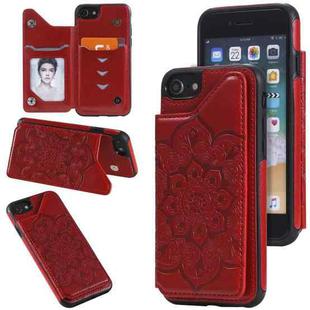 For iPhone SE 2022 / SE 2020 / 8 / 7 Flower Embossing Pattern Shockproof Protective Case with Holder & Card Slots & Photo Frame(Red)