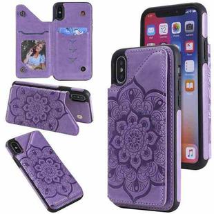 For iPhone X / XS Flower Embossing Pattern Shockproof Protective Case with Holder & Card Slots & Photo Frame(Purple)