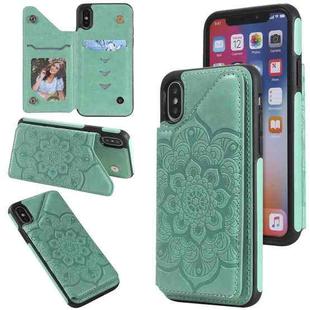For iPhone X / XS Flower Embossing Pattern Shockproof Protective Case with Holder & Card Slots & Photo Frame(Green)