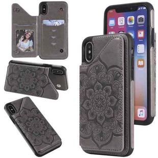 For iPhone X / XS Flower Embossing Pattern Shockproof Protective Case with Holder & Card Slots & Photo Frame(Grey)