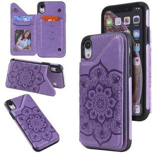 For iPhone XR Flower Embossing Pattern Shockproof Protective Case with Holder & Card Slots & Photo Frame(Purple)