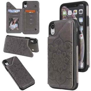 For iPhone XR Flower Embossing Pattern Shockproof Protective Case with Holder & Card Slots & Photo Frame(Grey)