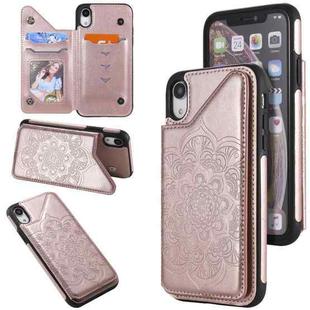 For iPhone XR Flower Embossing Pattern Shockproof Protective Case with Holder & Card Slots & Photo Frame(Rose Gold)