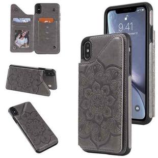 For iPhone XS Max Flower Embossing Pattern Shockproof Protective Case with Holder & Card Slots & Photo Frame(Grey)