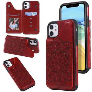 For iPhone 11 Flower Embossing Pattern Shockproof Protective Case with Holder & Card Slots & Photo Frame (Red)