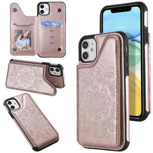 For iPhone 11 Flower Embossing Pattern Shockproof Protective Case with Holder & Card Slots & Photo Frame (Rose Gold)