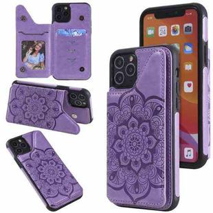 For iPhone 11 Pro Flower Embossing Pattern Shockproof Protective Case with Holder & Card Slots & Photo Frame (Purple)