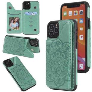 For iPhone 11 Pro Flower Embossing Pattern Shockproof Protective Case with Holder & Card Slots & Photo Frame (Green)