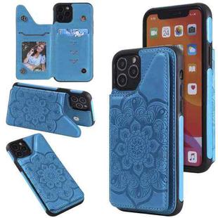 For iPhone 11 Pro Flower Embossing Pattern Shockproof Protective Case with Holder & Card Slots & Photo Frame (Blue)