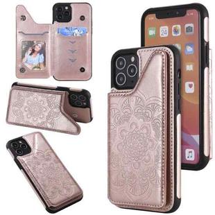 For iPhone 11 Pro Flower Embossing Pattern Shockproof Protective Case with Holder & Card Slots & Photo Frame (Rose Gold)