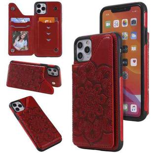 For iPhone 11 Pro Max Flower Embossing Pattern Shockproof Protective Case with Holder & Card Slots & Photo Frame(Red)