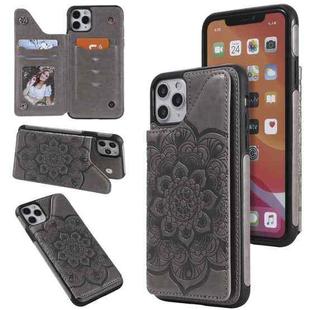 For iPhone 11 Pro Max Flower Embossing Pattern Shockproof Protective Case with Holder & Card Slots & Photo Frame(Grey)