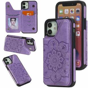 For iPhone 12 mini Flower Embossing Pattern Shockproof Protective Case with Holder & Card Slots & Photo Frame (Purple)