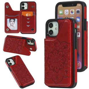 For iPhone 12 mini Flower Embossing Pattern Shockproof Protective Case with Holder & Card Slots & Photo Frame (Red)