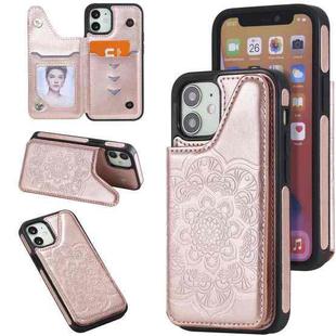For iPhone 12 mini Flower Embossing Pattern Shockproof Protective Case with Holder & Card Slots & Photo Frame (Rose Gold)