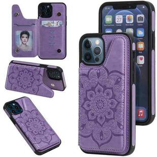 For iPhone 12 / 12 Pro Flower Embossing Pattern Shockproof Protective Case with Holder & Card Slots & Photo Frame(Purple)