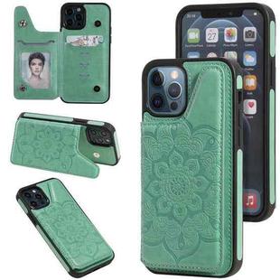 For iPhone 12 / 12 Pro Flower Embossing Pattern Shockproof Protective Case with Holder & Card Slots & Photo Frame(Green)
