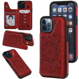 For iPhone 12 / 12 Pro Flower Embossing Pattern Shockproof Protective Case with Holder & Card Slots & Photo Frame(Red)