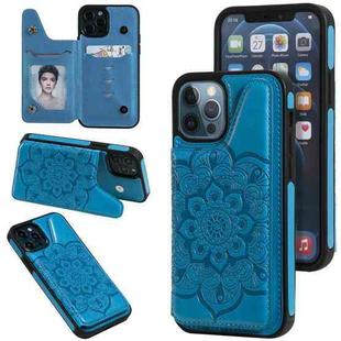 For iPhone 12 / 12 Pro Flower Embossing Pattern Shockproof Protective Case with Holder & Card Slots & Photo Frame(Blue)