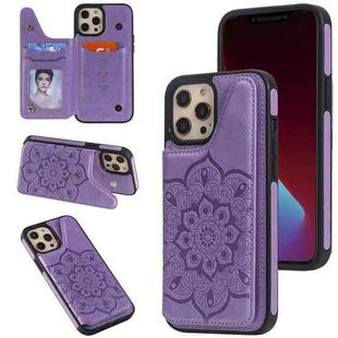 For iPhone 12 Pro Max Flower Embossing Pattern Shockproof Protective Case with Holder & Card Slots & Photo Frame(Purple)