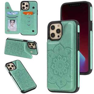 For iPhone 12 Pro Max Flower Embossing Pattern Shockproof Protective Case with Holder & Card Slots & Photo Frame(Green)