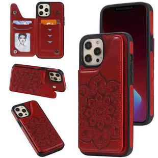 For iPhone 12 Pro Max Flower Embossing Pattern Shockproof Protective Case with Holder & Card Slots & Photo Frame(Red)